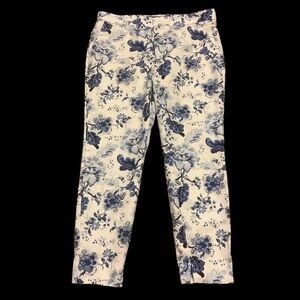 ZARA WHITE & BLUE FORAL PRINT COTTON BLEND CROPPED PANTS/ Size 10